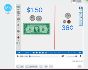 a screenshot from Seesaw showing an image from The Math Learning Center Money Pieces app; it shows $1.50 (a dollar bill and 2 quarters) on the left and 36¢ on the right (a quarter, a dime, and a penny)